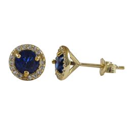 Sapphire Blue 5Mm Round CZ With White CZ Border, Gold Plated Sterling Silver 8Mm Round  Post Stud Ea