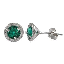 Emerald Green 5Mm Round CZ With White CZ Border, Rhodium Plated Sterling Silver 8Mm Round  Post Stud