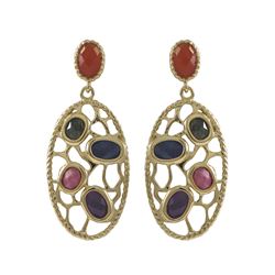 Gold Plated Sterling Silver, Multi Color Faceted Semi Precious Flat Stones, Filigree Post Earrings, 