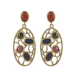 Gold Plated Sterling Silver, Multi Color Faceted Semi Precious Flat Stones, Filigree Post Earrings, 