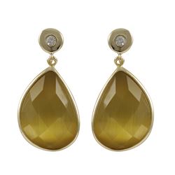 Citrine Cat's Eye Semi Precious Faceted Stone On Gold Plated Sterling Silver Post Earrings, 1.10&Quo