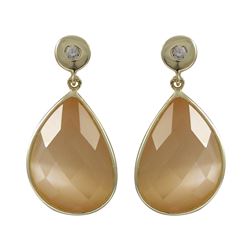 Peach Cat's Eye Semi Precious Faceted Stone On Gold Plated Sterling Silver Post Earrings, 1.10&Quot;