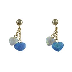 White 6X6mm Opal Heart And Blue 6X8mm Opal Heart Dangling On Gold Over Sterling Silver Post Earrings