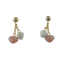 White 6X6mm Opal Heart And Pink 6X8mm Opal Heart Dangling On Gold Over Sterling Silver Post Earrings