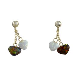 White 6X6mm Opal Heart And Red 6X8mm Opal Heart Dangling On Gold Over Sterling Silver Post Earrings,