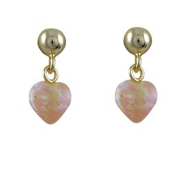 Pink 6X8mm Opal Heart On Gold Tone Sterling Silver Post Earrings, 14Mm Long