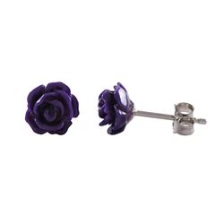 Purple 7Mm Flower On Rhodium Plated Sterling Silver Post, Stud Earrings