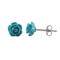 Turquoise 7Mm Flower On Rhodium Plated Sterling Silver Post, Stud Earrings