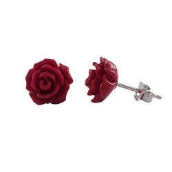 Red 9Mm Flower On Rhodium Plated Sterling Silver Post, Stud Earrings