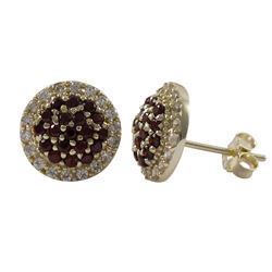 Gold Plated Sterling Silver 10.5Mm Round Circle, Garnet CZ With White CZ Border, Post Stud Earrings 