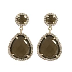 Smoky Quartz Semi Precious Stone, With CZ Border, On Gold Plated  Sterling Silver Post Earrings Dime