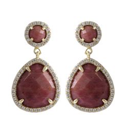 Rhodonite (Pink) Semi Precious Stone, With CZ Border, On Gold Plated  Sterling Silver Post Earrings 