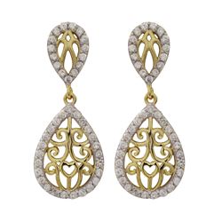 Sterling Silver Two Tone Filigree Teardrop Post Earrings With White CZ Border- 1.26