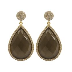 Smoky Quartz Semi Precious 13X20 Faceted Teardrop Stone, Gold Plated Sterling Silver CZ Post Earring