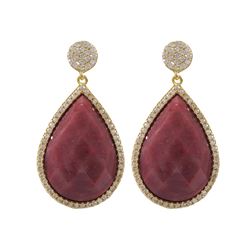 Rhodonite(Pink) Semi Precious 13X20 Faceted Teardrop Stone, Gold Plated Sterling Silver CZ Post Earr