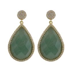 Green Jade Semi Precious 13X20 Faceted Teardrop Stone, Gold Plated Sterling Silver CZ Post Earrings,