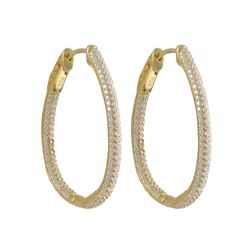 Gold Plated Sterling Silver, With White CZ Pave, 28X34 Hoop Earrings, With Hinge Closure