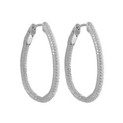 Rhodium Plated Sterling Silver, With White CZ Pave, 28X34 Hoop Earrings, With Hinge Closure