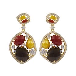 Gold Plated Sterling Silver CZ Post Earrings With Smoky Combination Semi Precious Stones, 1.42"