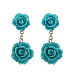 6Mm And 8Mm Turquoise Rose Flower Dangling, Gold Plated Sterling Silver Post Earrings, 0.79