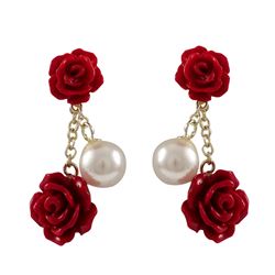 6Mm And 8Mm Red Rose Flower With 5Mm White Pearl Dangling, Gold Plated Sterling Silver Post Earrings