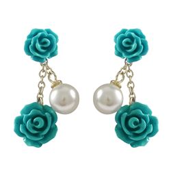 6Mm And 8Mm Turquoise Rose Flower With 7Mm White Pearl Dangling, Gold Plated Sterling Silver Post Ea