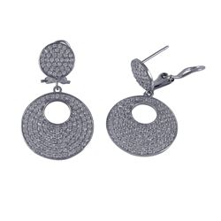 Sterling Silver Post Clip Earrings, Double Circle With White CZ Pave,-1.26"