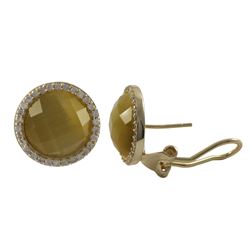 Citrine Cat's Eye Semi Precious Faceted Stone, Set In Gold Tone Sterling Silver With CZ Border, 15Mm