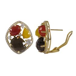 Gold Plated Sterling Silver CZ Post Clip Stud Earrings With Smoky Combination Semi Precious Stones, 