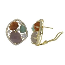 Gold Plated Sterling Silver CZ Post Clip Stud Earrings With Multi Color Combination Semi Precious St