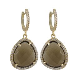 Smoky Quartz Semi Precious Stone, With CZ Border, On Gold Plated Sterling Silver  Lever Back Earring