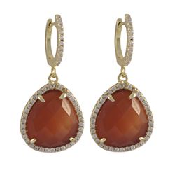 Carnelian Cat's Eye Semi Precious Stone, With CZ Border, On Gold Plated Sterling Silver  Lever Back 