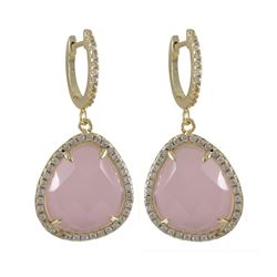 Rose Quartz Semi Precious Stone, With CZ Border, On Gold Plated Sterling Silver  Lever Back Earrings