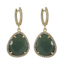 Green Jade Semi Precious Stone, With CZ Border, On Gold Plated Sterling Silver  Lever Back Earrings,