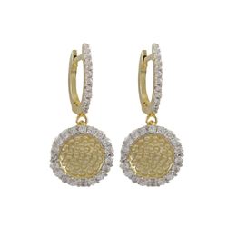 Two Tone Sterling Silver, 13Mm Circle, Matte Gold Plating With White CZ, Hammered Lever Back Earring
