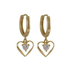 Gold Plated Sterling Silver, 9X10mm Open Heart With AAA CZ In Center, Huggie Earrings, 0.87"