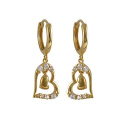 Gold Plated Sterling Silver, 9X11mm Open Heart With AAA CZ And Dangling Heart, Huggie Earrings, 0.94