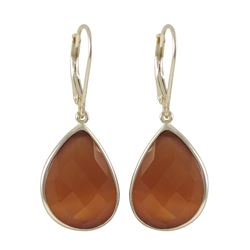 Carnelian Cat's Eye Semi Precious Faceted Stone On Gold Plated Sterling Silver Lever Back Earrings, 