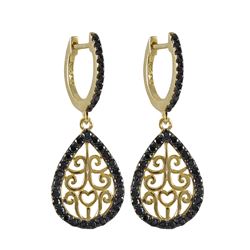 Gold And Black Over Sterling Silver Filigree Teardrop Lever Back Earrings With Black CZ Border, 34Mm