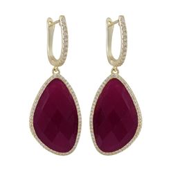 Ruby Jade Semi Precious Faceted Stone, With CZ Border, On Gold Plated Sterling Silver Lever Back Ear