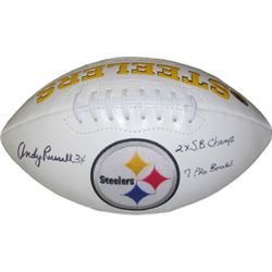Andy Russell Signed Pittsburgh Steelers Logo Football W/ Dual 2X SB Champs & 7 Pro Bowls