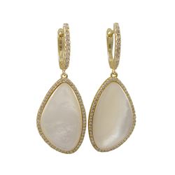 Mother Of Pearl Stone, With CZ Border, On Gold Plated Sterling Silver Lever Back Earrings, 1.77&Quot