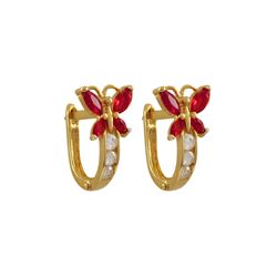 Gold Plated Sterling Silver Buttterfly Huggie Earrings With Red And White AAA CZ, 0.53