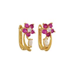 Gold Plated Sterling Silver Flower Huggie Earrings With Ruby And White AAA CZ, 0.51