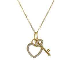 Gold Plated Sterling Silver AAA CZ, Open 15X16mm Heart And Key Charms, On Gold Plated Sterling Silve