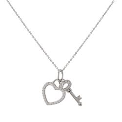 Rhodium Plated Sterling Silver AAA CZ, Open 15X16mm Heart And Key Charms, On Rhodium Plated Sterling