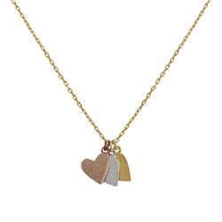 Tri Color 7X7mm Hammered Heart Charms On Gold Plated Sterling Silver Chain, Necklace, 16" 2"