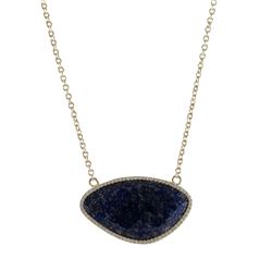 Lapis/Lazurite Semi Precious Stone, With CZ Border, Gold Plated Sterling Silver  Necklace, 17&Quot; 