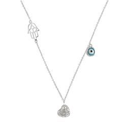 Rhodium Plated Sterling Silver, Hamsa, Evil Eye And Heart Necklace, 16"