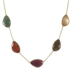 Multi Color Semi Precious Faceted Stones With CZ Border, Gold Plated Sterling Silver Necklace, 18&Qu